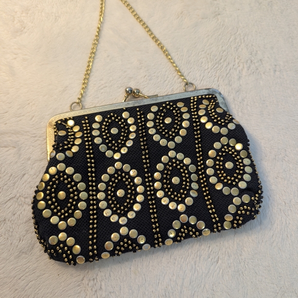 Handbags - 1950s Gold And Black Studded Evening Party- Clasp Purse/Vintage